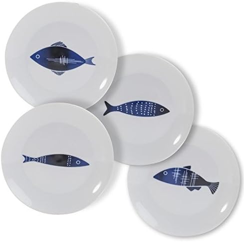 Danesco Living Art White Porcelain Sea Fish Design 8 inch Plates - Set of 4