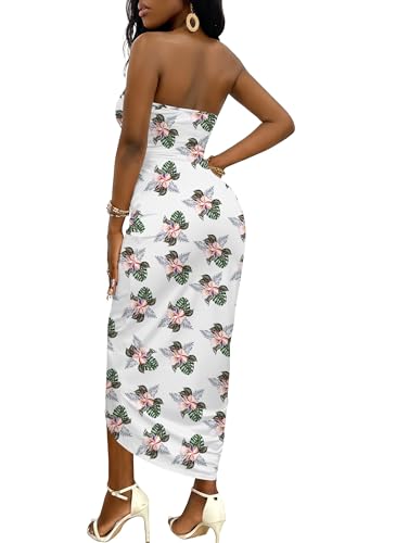 Image of Umenlele Women's Strapless Ruched High Waist Wrap Split Asymmetrical Beach Maxi Long Dress