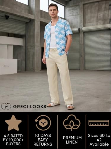 Image of GRECIILOOKS Men's Linen Trousers | Loose Fit Linen-Cotton Casual Pants for Men | Relaxed Office Wear Formal Trousers for Men | Stylish Beige & Pants