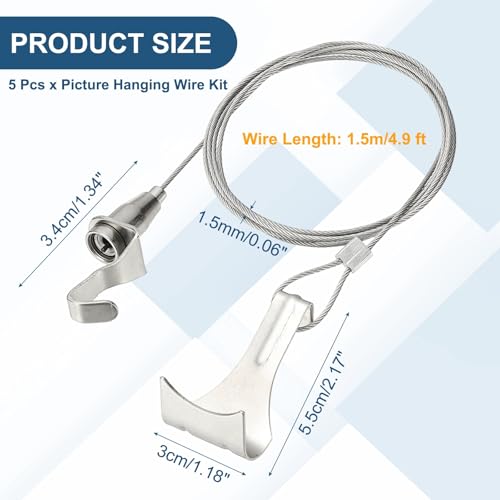 Image of uxcell 5Pcs Picture Hanging Wire Kit, 1.5 m x 1.5 mm Heavy Duty Picture Hangers Adjustable Wire Rope with S-Hooks and Loop, Load 35kg /77.1 lbs for Hanging Mirrors Light Lamp Artwork