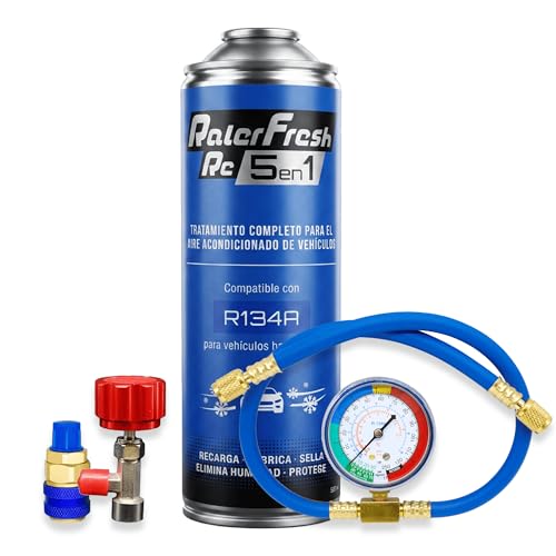 Ralerfresh RC 5 en 1 – Recarga de aire acondicionado coche R134a hasta 2016 - Gas refrigerante, Sella fugas, Lubricante, Elimina humedad y Protege (RC51 +Manómetro manguera)
