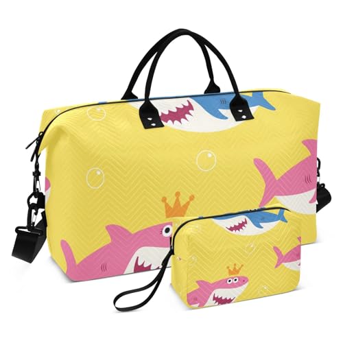 Blue and Pink Shark Pattern Duffle Bags for Women Men Waterproof Weekender Overnight Bags Hospital Bag Large Tote Bag with Toiletry Bag for Yoga Gym Travel Sport Hospital