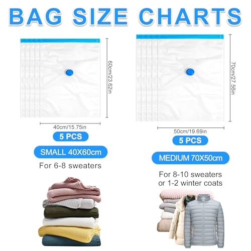 Vakuumbeutel für Kleidung 10 Stück, Vakuumierbeutel 2 Größen 5 Mittelgroß 70x50cm, 5 Kleine 60x40cm Vakuum Kleiderbeutel Aufbewahrungsbeutel Reise Vakuum Wiederverwendbar Kleiderbeutel