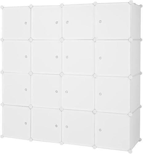 Vista 5 de MengK 16 Cube Organizer Stackable Plastic Cube Storage Shelves Design Multifunctional Modular Closet Cabinet with Hanging Rod White
