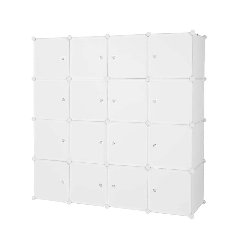 Armoire Penderie Modulable, 16 Cubes, Armoire Chambre, Étagère de Rangement avec Portes, pour Le Stockage de vêtements, Jouets, etc.. (Blanc, 140 x 45 x 140 cm)