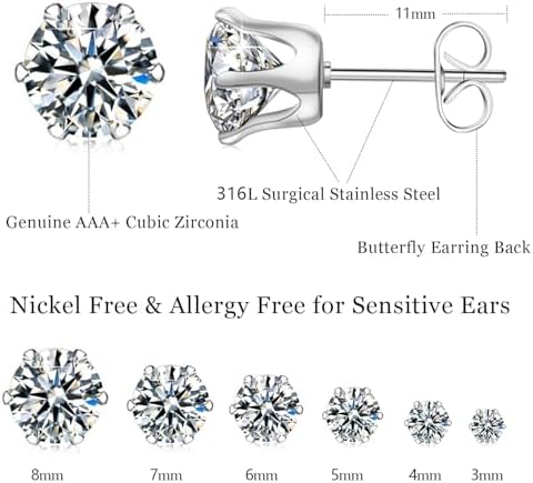 6 Pairs Hypoallergenic Stainless Steel Stud Earrings Cubic Zirconia Earrings Set 14K Gold Plated Multipack 3-8mm — 사진 3