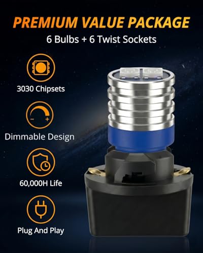 Image of WLJH Blue PC194 T10 LED Bulb with Twist-Lock Sockets for Dash Gauge | 3030 SMD, 200lm, PC194 PC168 PC195, Plug and Play, Map, Dome, Trunk, Glove Box, Instrument Panel Light, 6-Pack