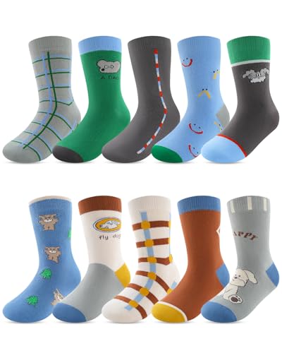 Kyopp 10 Paar Socken Kinder Baumwolle für Jungen & Mädchen Lustige Socken, Mittelhohe Strümpfe Niedlich Cartoon Motive 25-37EU (Hunde XL)
