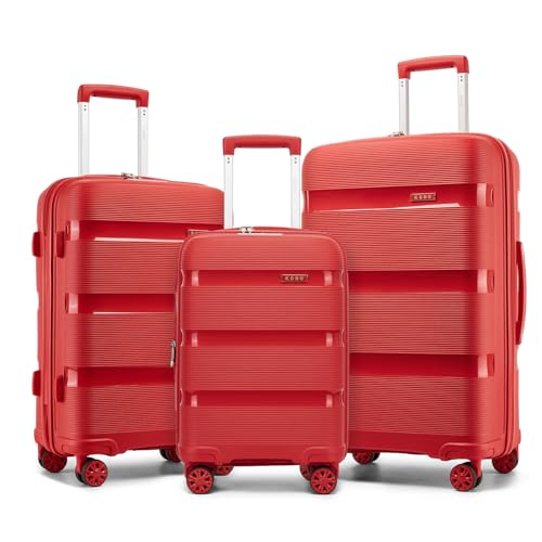 Image of Kono Luggage Sets 3 Piece Hard Shell Travel Trolley 4 Spinner Wheels Lightweight Polypropylene Suitcase with TSA Lock (Red, 20 /24 /28 Set)