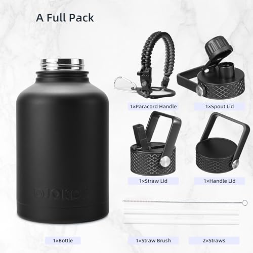 BJPKPK Insulated Water Bottles with Straw Lid, 50oz Large Water Jug, Stainless Steel Vacuum Bottles, Hot & Cold Thermo with 3 Lids and Paracord Handle, Black by BJPKPK - Image 4