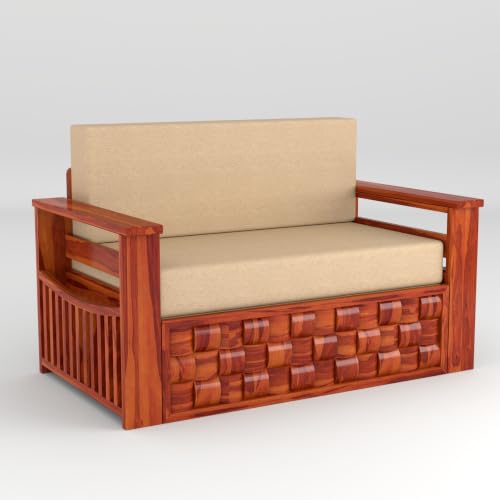 Image of Solid Sheesham Wood Sofa Cums Bed with Mattress & Storage | Rosewood Convertible Sofa Bed for Living Room & Bedroom (G-Honey, 2 Seater)