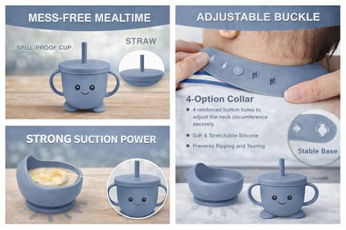 Image of SJC Global - 6 PCS (Blue) Silicone Toddler Adjustable Tableware Set | Suction Bowl, Plate, Spoon, Fork, Bib & Cup for Babies | Silicone Baby Feeding Kit for Infants | BPA Free Food Grade
