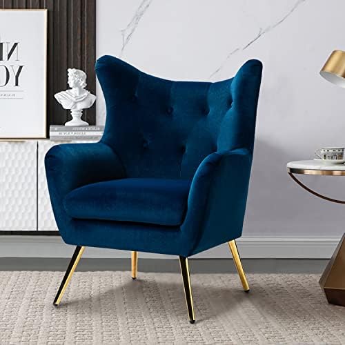 Velvet Accent Chair, Modern Wingback Arm Chair with Metal Gold Legs, Velvet Tufted Upholstered Single Sofa chair for Living Room Bedroom, Dining Room Accent Arm Chairs Club Guest Chair (NAVY)
