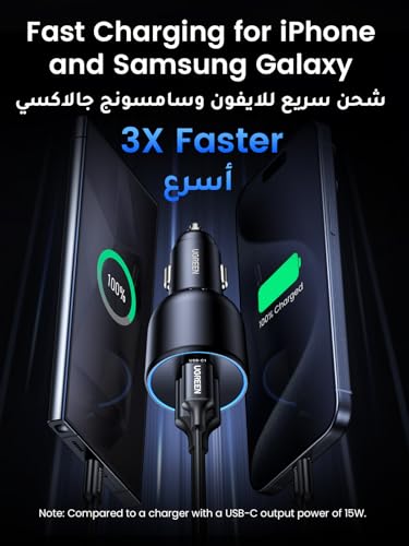 UGREEN 130W شاحن سيارة 3 منافذ USB‑C شحن سريع لمكبوك وآيفون وسامسونج — متوافق مع MacBook Air/Pro، Samsung S25‑S23، iPhone 17‑15 وHP/Dell - الصورة 3