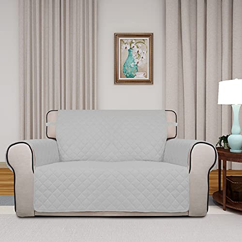 Image of PureFit Reversible Quilted Sofa Cover, Water Resistant Slipcover Furniture Protector, Washable Couch Cover with Non Slip Foam and Elastic Straps for Kids, Pets (Loveseat, Light Gray /Ivory)