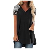 Chemisier pour Femme Tunique Automne À Rayures Tops Manche Courte Pullovers Femle Coton Col en V Profond De Voyage Tendance Frais Patchwork Loose