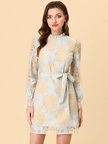 Allegra K Women's Ruffle Crew Neck Formal Elegant Mini Floral Lace Dress Small Light Blue #TOP2