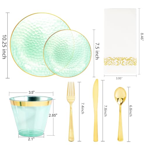 Rubtlamp 175 Pcs Green Plastic Plates Dinnerware Set (25 Guests), Hammered Plates Set, Green Plastic Party Plates Set include 50 Disposable Plates Set, 75 Gold Plastic Silverware, 25 Cups 25 Napkins