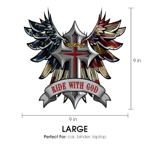 Image of Premium Ride with God Wings and Cross Helmet Sticker Decal - Motorcycle Tank, Tool Box, Bumper Vinyl for Car, Truck - Weatherproof, Durable Christian Faith Vinyl Decal (9 x 9 inches)