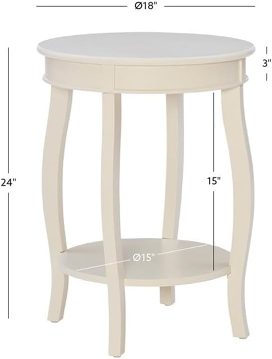 BOWERY HILL Modern Wood Accent End Table, Off White Painted Finish, 18.5" W x 18.5" D x 24" H, Round Design with Extra Storage, 4 Cabriole Tapered Legs, Perfect for Living Room or Bedroom Use