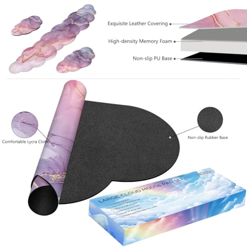 JIKIOU Large Cloud Mouse Pad Waterproof with Cloud Keyboard Wrist Pad and Cloud Mouse Wrist Pad Set, Ergonomic Computer Desk Wrist Support Mousepad for Keyboard and Mouse 35.4x15.7in Marble Pink