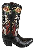 Ebros Rustic Western Roses Dual Revolvers Six Shooters Pistols and Bull Cow Skull Cowboy Cowgirl Boot Decorative Figurine Or Floral Vase Planter Tooled Leather Finish Table Shelf Countertop Accent