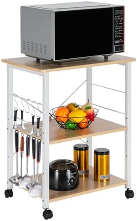 Baker's Rack 3-Tier Kitchen Utility Microwave Oven Stand Storage Cart Workstation Shelf (Light Beige/White)