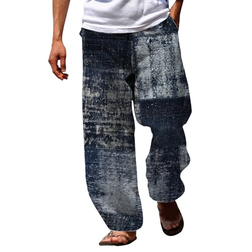 Mens Linen Beach Trousers Loose Fit, Mens Printed Trousers, Elastic Drawstring Waist Patchwork Print Pants, Side Hidden Inset Pockets, Casual Lightwei