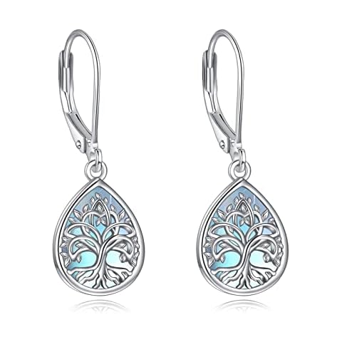 YFN Tree of Life Earrings for Women Sterling Silver Moonstone Family Tree Dangle Leverback Earrings for Girls Cover