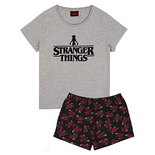 Stranger Things Pyjamas för kvinnor | Kort eller lång benbottenalternativ pyjamas | Grå t-shirt & Demogorgon blomma loungebyxor damer gåvor, Kort ben, M