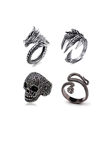 BYONDEVER Vintage Punk Silver Black Chinese Dragon Snake Dragon Claw Skull Rings Jewelry Gothic Alloy Open Adjustable(4PCS)