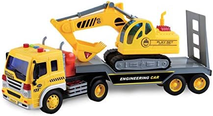 Sunny Days Entertainment Long Haul Excavator Transport – Lights and Sounds Pull Back Toy Vehicle with Friction Motor | Realistic Construction Truck and Trailer for Kids – Maxx Action
