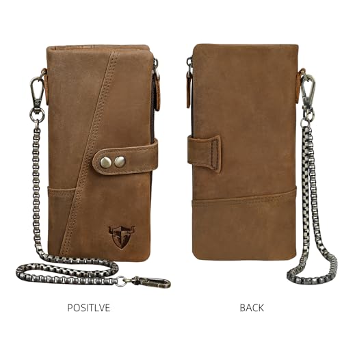 Image of Genuine Crazy Horse Leather Travel Gift Coin Pocket Card Case Long Organizer Chain Rfid Wallet Purse With Snap For Men Male 1803 1815 (1803 Brown 26b)