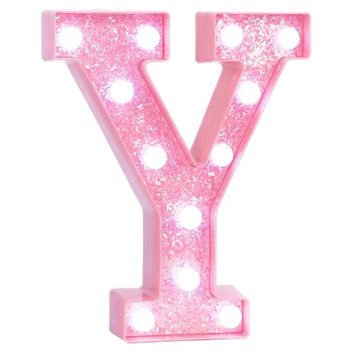 Image of Pink Marquee Light Up Letters, Glitter Alphabet LED Letter Lights for Pink Birthday Party Decorations, Battery Operated Letter Sign for Girls Room Vanity Table Decor, Cool White Lights Letter Y
