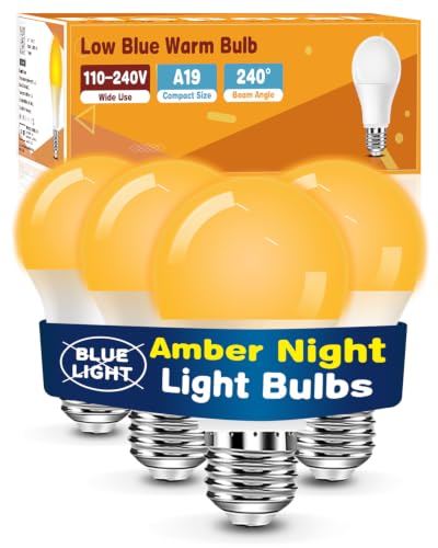 Image of Neporal Warm Light Bulbs 2200K Amber Light Bulbs, 9W 60W Equivalent No Blue Bulbs for Sleep, Soft YellowA19 E26 Bulb, Flicker-Free Bedroom Nursery Bedside & Living Room Night Light, [4] Pack