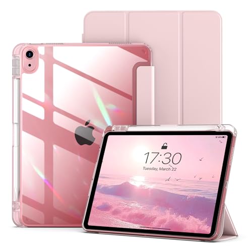 ZKTUYU for iPad (A16) 11th Generation Case 11 inch 2025 / iPad 10th Generation 10.9 inch 2022 Transparent Clear Hard Back Tri-fold Stand Smart Case with Pencil Holder Auto Wake/Sleep Pink