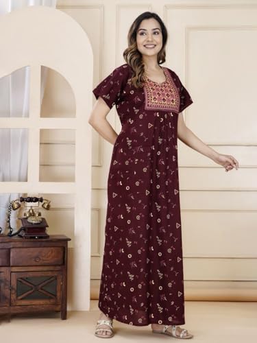 Image of DIAMO Pure Cotton Embroidery Nighty for Women, Cotton Night Gown, Night Maxi Gown, Cotton Nighty with a Pocket and Adjustable Knot