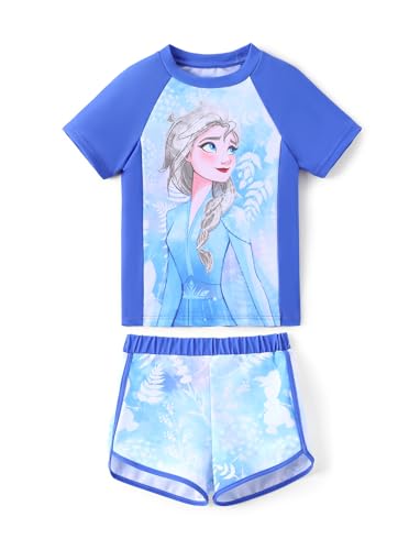 Disney Frozen Elsa Princess Girls Two Piece Short Sleeve Swimsuit UPF 50+ Protection Quick-Dry Rashguard Bathing Suit Blue