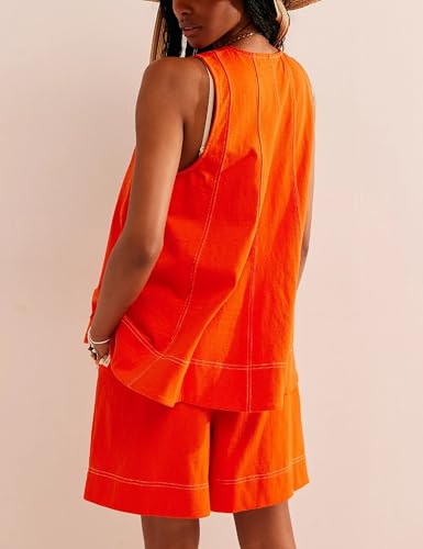 Image of Women 2 Piece Outfits Flowy Sleeveless Tunic Tops Loose Shorts with Pockets Tracksuit Summer Lounge Matching Set 2025