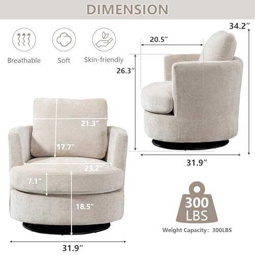 ODUWA Swivel Barrel Chair,31.9\" W Modern Round Accent Arm Chairs Upholstered Comfy 360 Degree Swivel Single Circle Club Sofa Chair for Nursery Living Room Bedroom, Beige - Thumbnail 3