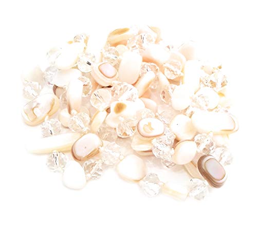 BRANDELIA Collares Largos de Colores Mujer Bisutería de Nácar y Perlas de Cristal, Blanco Beis
