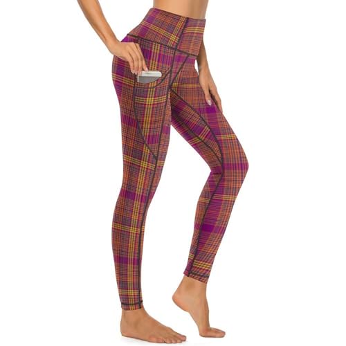 Pantalon de yoga taille haute bordeaux à motif écossais vintage