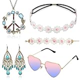 Alintor Hippie Accessoires mit Brille, Flower Power Peace Kette für Hippie Kostüm Damen, 60er 70er Jahre Bekleidung Damen (Rosa)