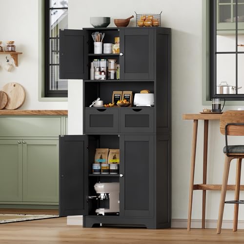 Image of TEENFON 57.8 inch H Tall Storage Cabinet with 2 Drawers & 2 Adjustable Shelves, Floor Cabinet with 4 Doors, Tall Cabinet for Living Room, Dining Room, Entryway, Black