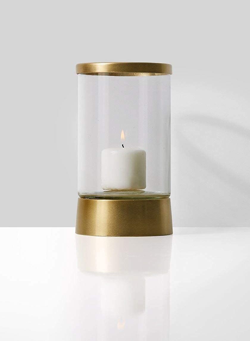 Serene Spaces Living Gold Rimmed Glass Cylindrical Hurricane, Fancy Table Decor, Small Measures 7.5