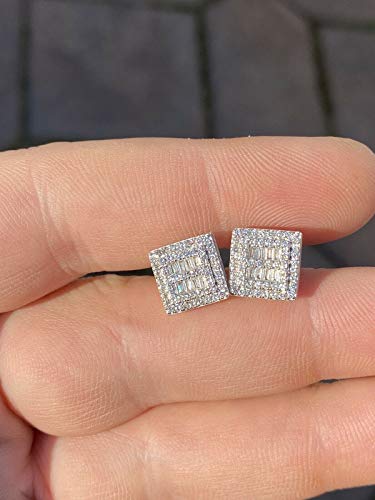 Real Solid 925 Sterling Silver - Men's Square Baguette Earrings - Iced Cz 10Mm (3/8") Earrings Screw Backs - Flooded Out Aretes #TOP6