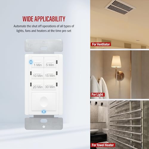 Image of Enerlites Bathroom Timer Countdown Switch, HET06A-R | in-Wall Electrical Timer for Fans, Electrical Outlets, Indoor and Outdoor Lights,with On /Off Switch | White (Pack of 40)