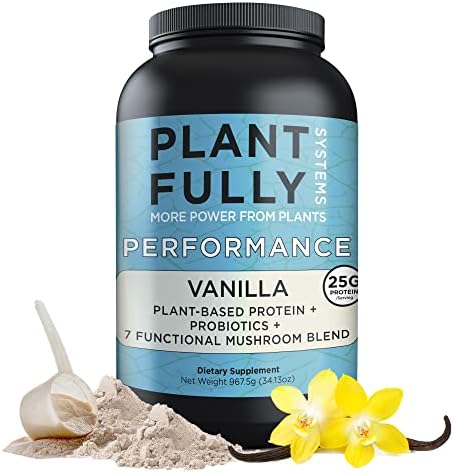 Plantfully Systems - Performance Vanilla Vegan Protein Powder, With 25g Plant Protein, 7 Mushroom Complex, & Probiotics, Low Carb Protein Mix, Gluten-Free Vanilla Powder, Soy-Free, 967.5g