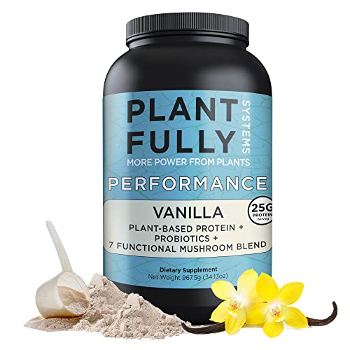 Plantfully Systems - Performance Vanilla Vegan Protein Powder, With 25G Plant Protein, 7 Mushroom Complex, & Probiotics, Low Carb Protein Mix, Gluten-Free Vanilla Powder, Soy-Free, 967.5G #TOP7