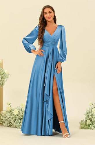 Women's Satin Bridesmaid Dresses with Long Sleeves V-Neck Ruched Formal Evening Gown VS1064